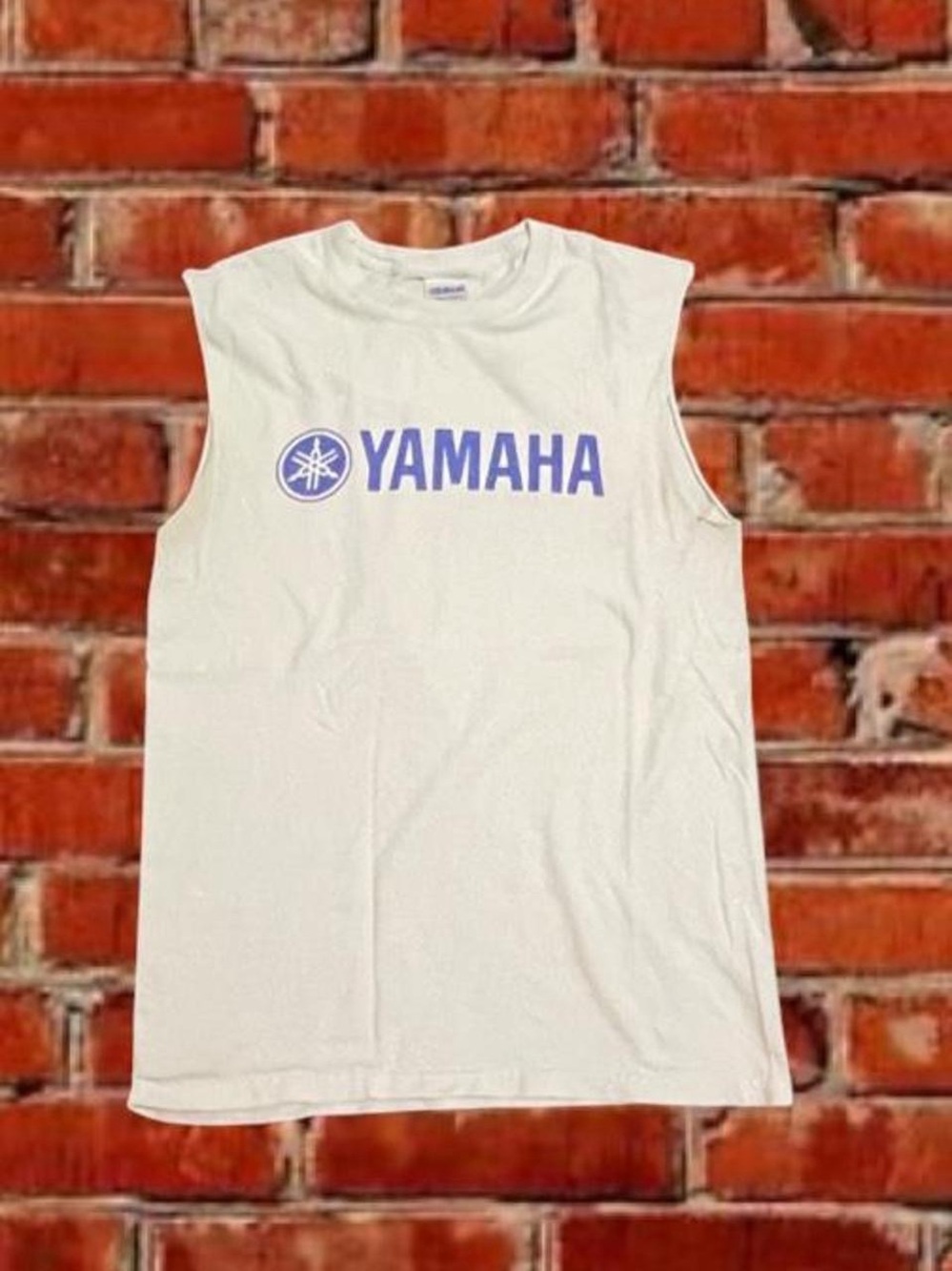 Gildan White Sleeveless Tank with Blue Yamaha Logo